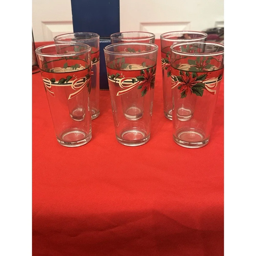 Set of Six Poinsettia Heavy Clear Glass Christmas Cups